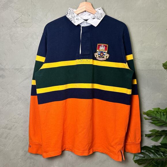 Polo Ralph Lauren RL 4 Color Block Striped Castle Lion Patch Large Rugby Shirt - Picture 1 of 7